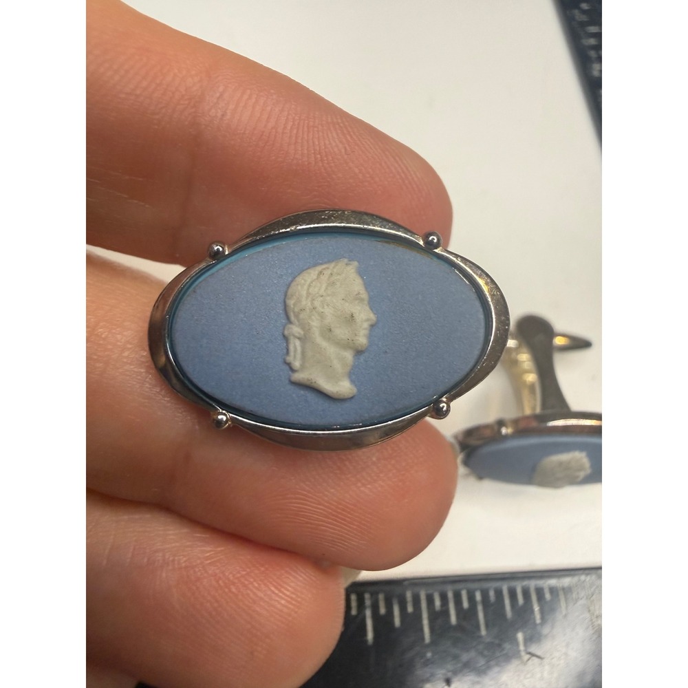 Wedgwood Blue Jasperware Cameo Cufflinks Silver Tone Oval Caesar Profile Vintage